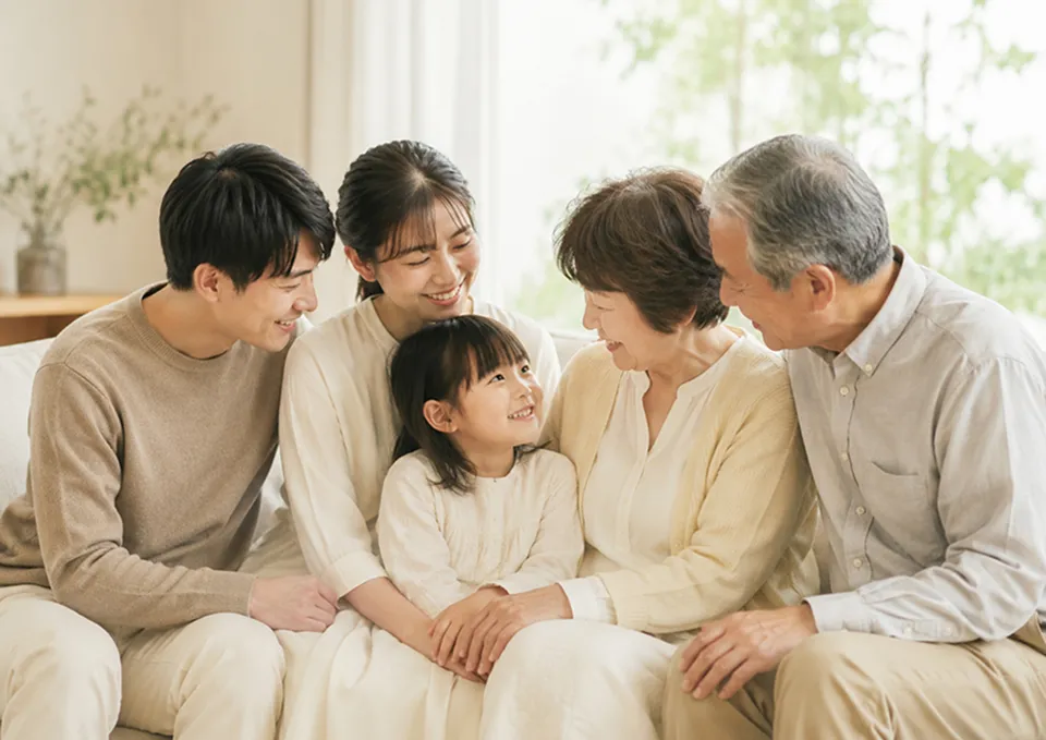 笑顔で寄り添う三世代の家族
