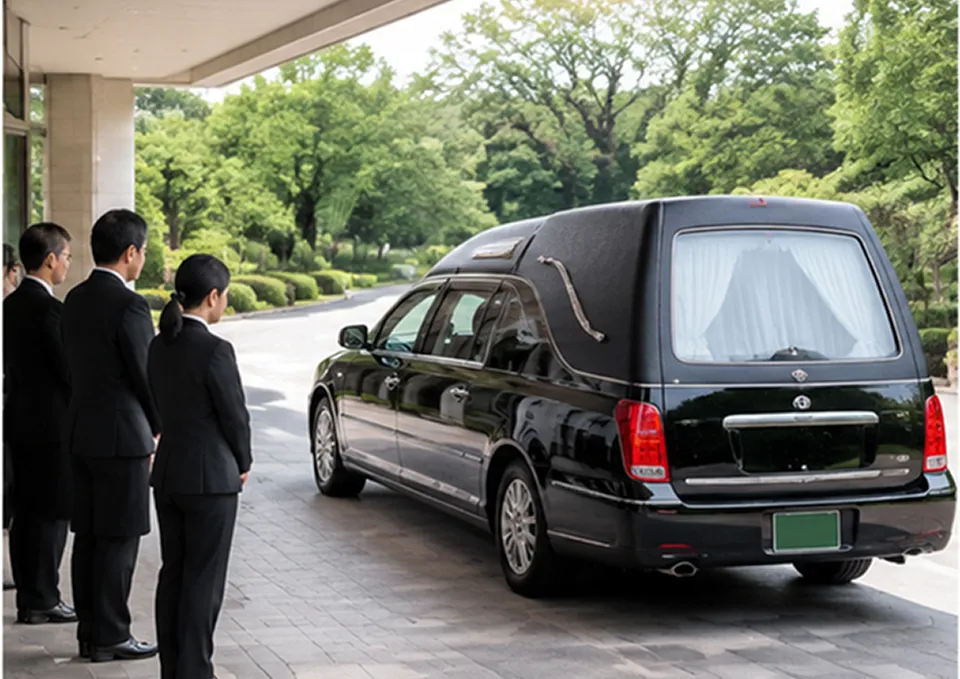 霊柩車を見送る喪服姿の人々
